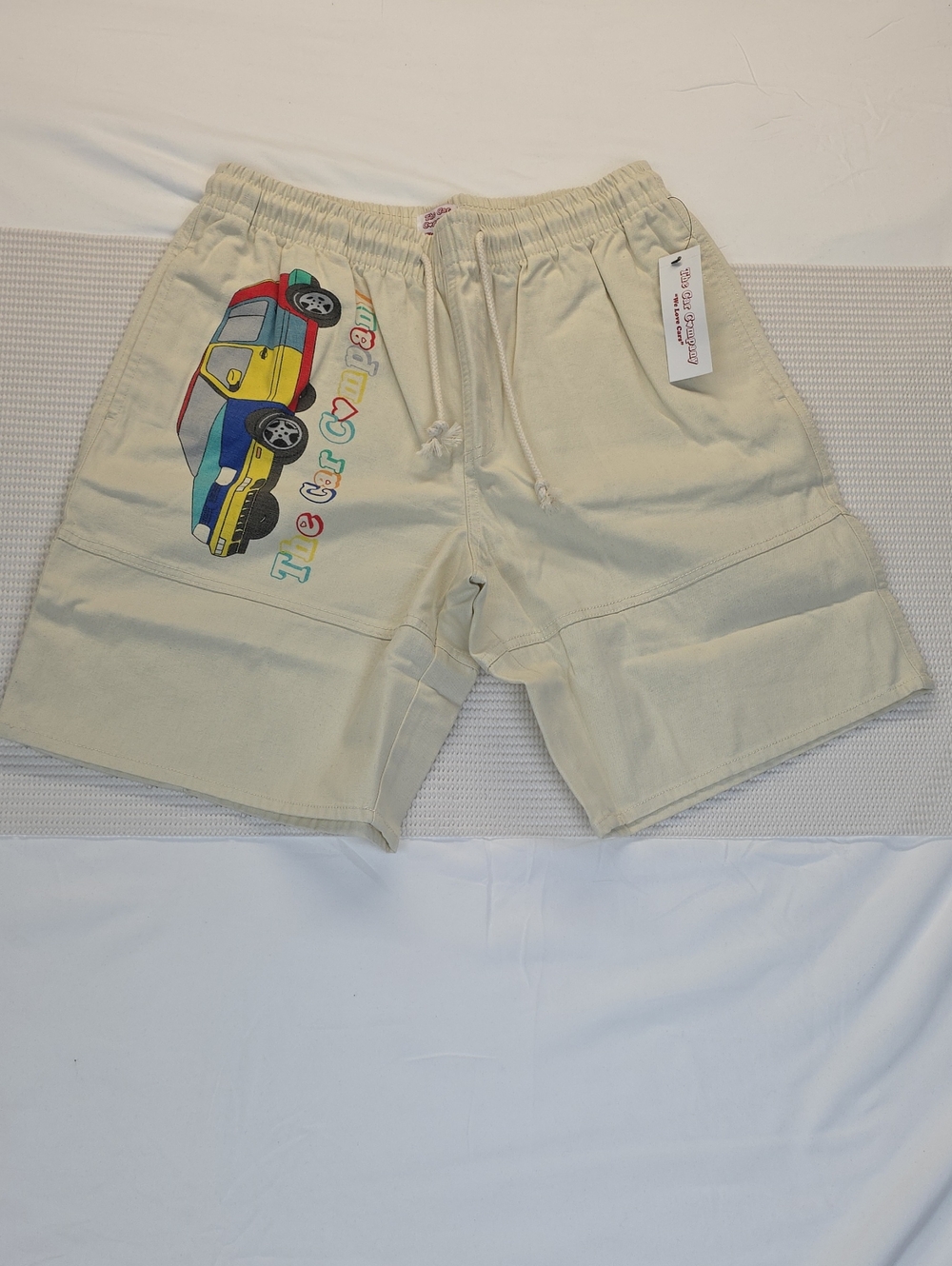 Men's Cream Graphic Car Print Drawstring Shorts Small